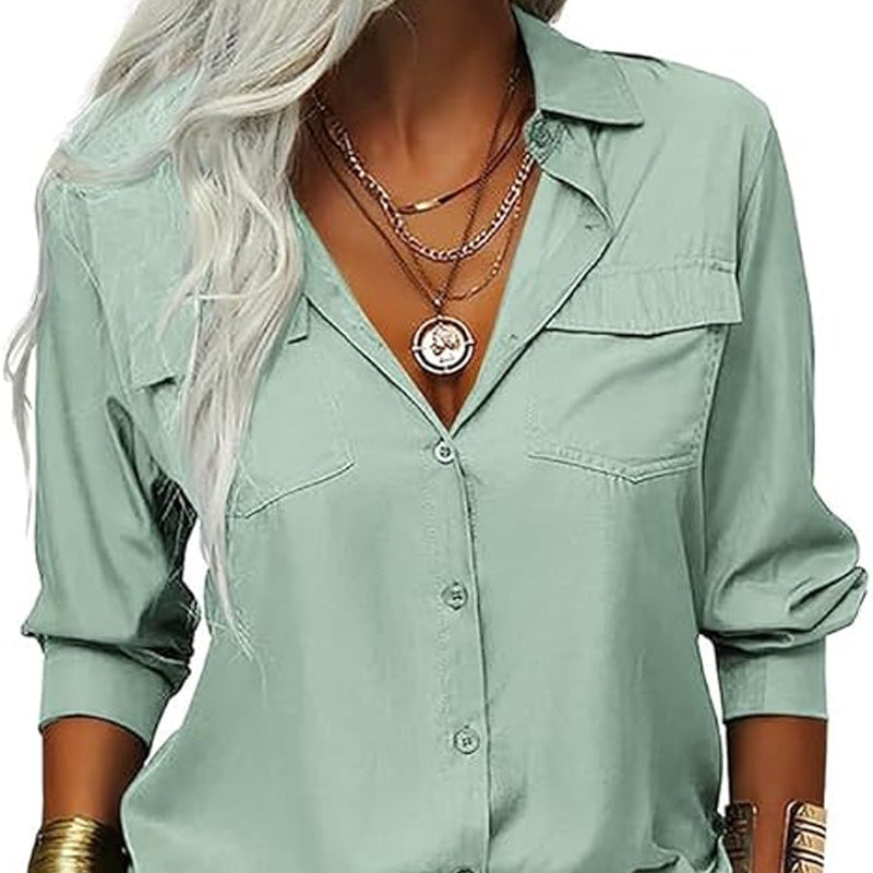 Women's Solid Lapel Long Sleeves Button-Down Shirt