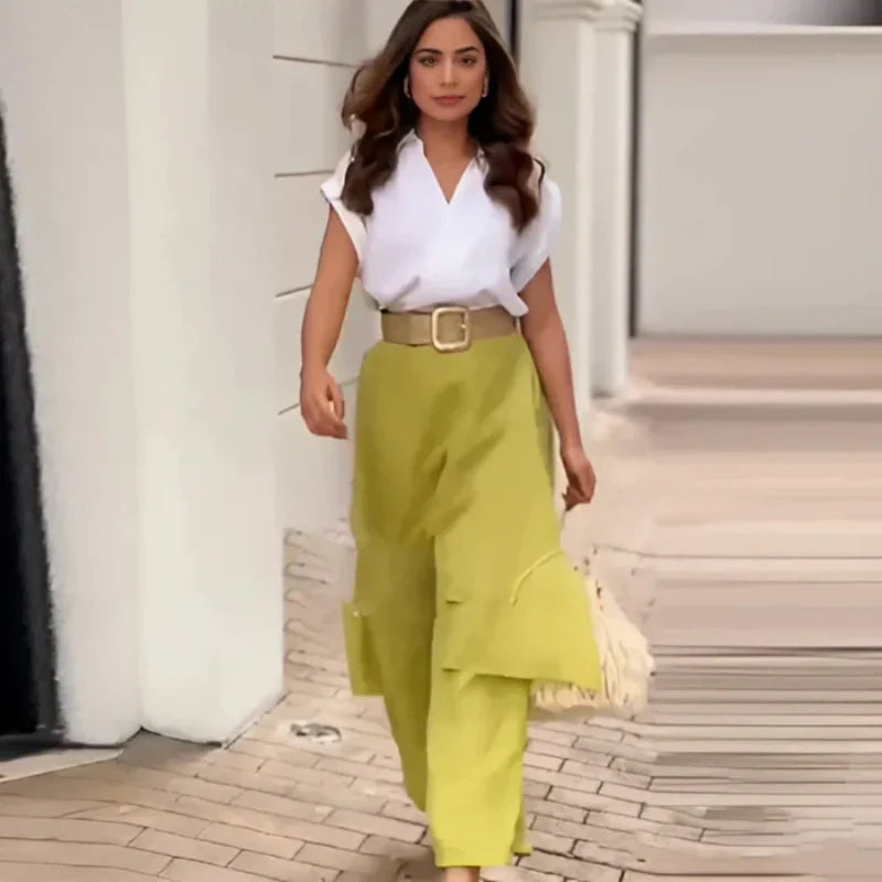 Women’s Elegant V Neck Top & Wide Leg Pants Two-Piece Set