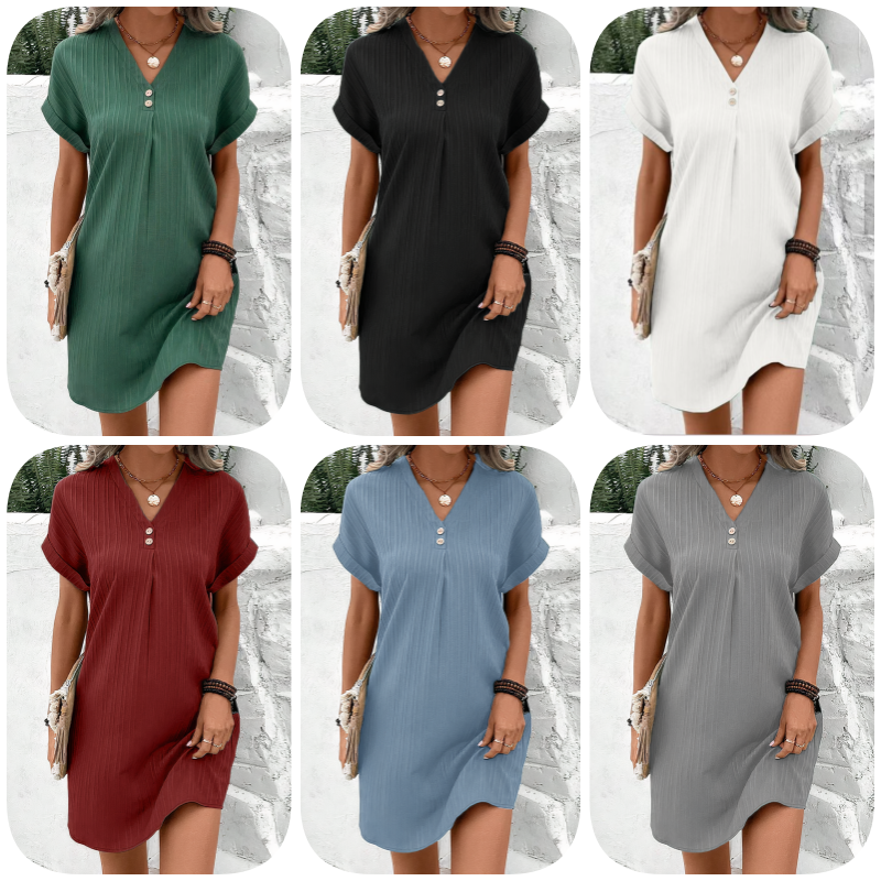 🌷Summer Hot Sale 50% Off🍃Simple Solid Color V-Neck Short Sleeve Dress for Women