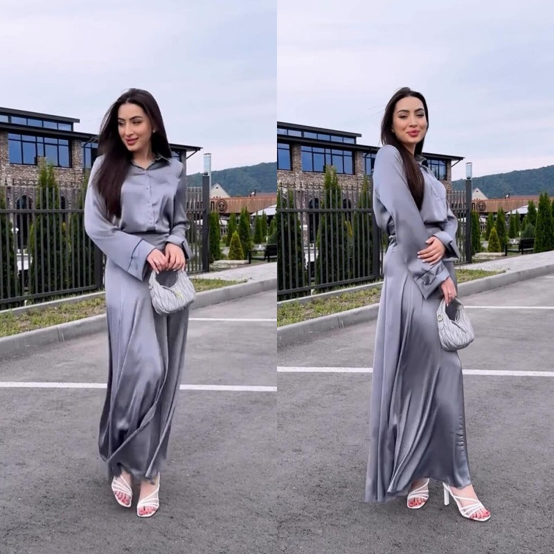 Women's Elegant Glossy Solid Gray 2-Piece Set - Lapel Long Sleeve Shirt & Flowy A-Line Skirt