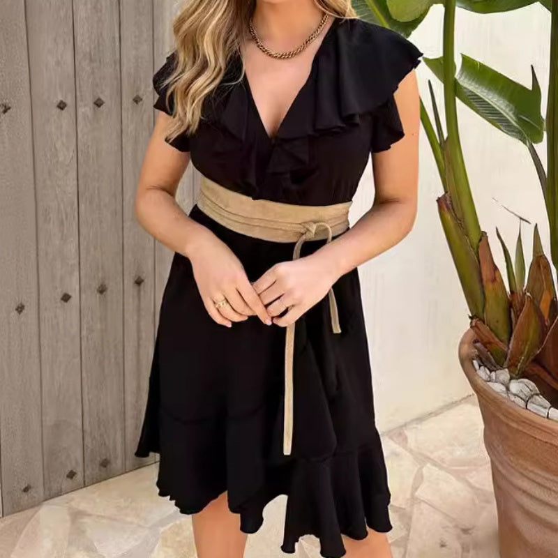Women's Elegant Waist Tie V-Neck Ruffle Dress