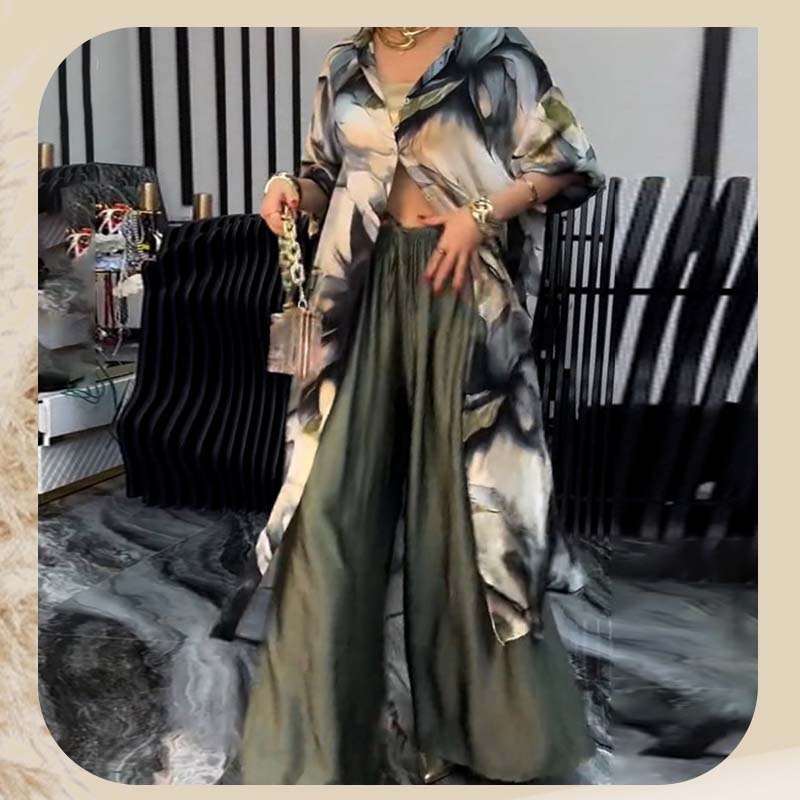 Women's Two-Piece Long Top and Wide Leg Pants Set