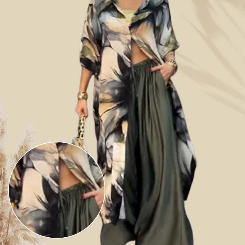 Women's Two-Piece Long Top and Wide Leg Pants Set