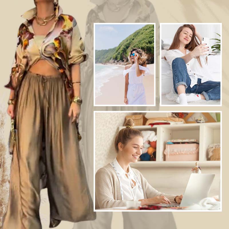 Women's Two-Piece Long Top and Wide Leg Pants Set