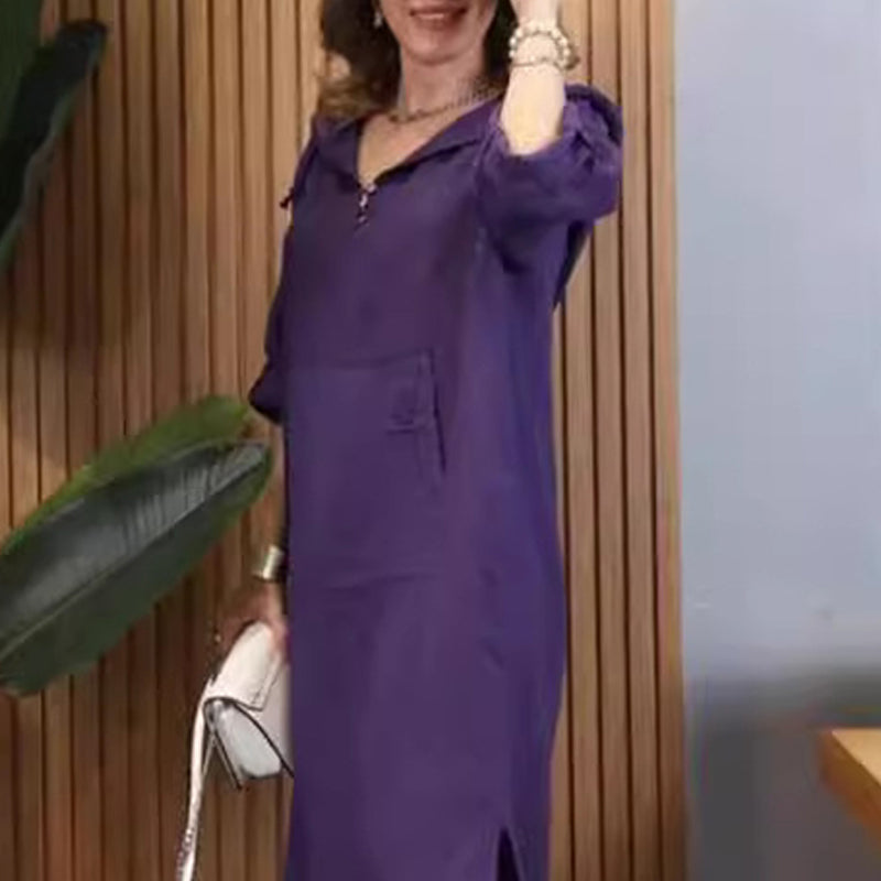 Women’s Solid Long-Sleeve Slit Hooded Long Dress