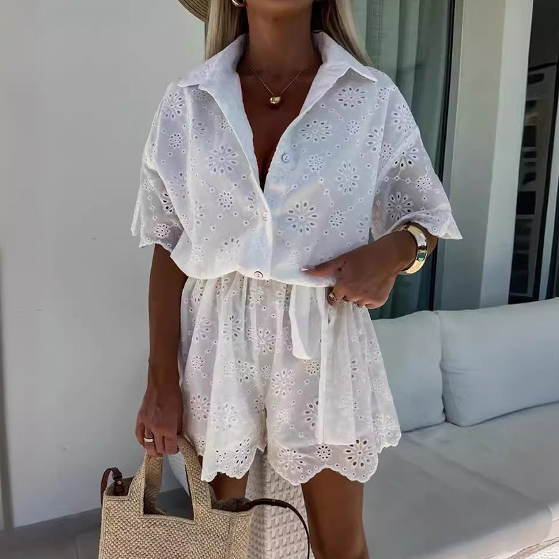 Chic Embroidered Lace Flowers Button Up Belted Shirt Romper