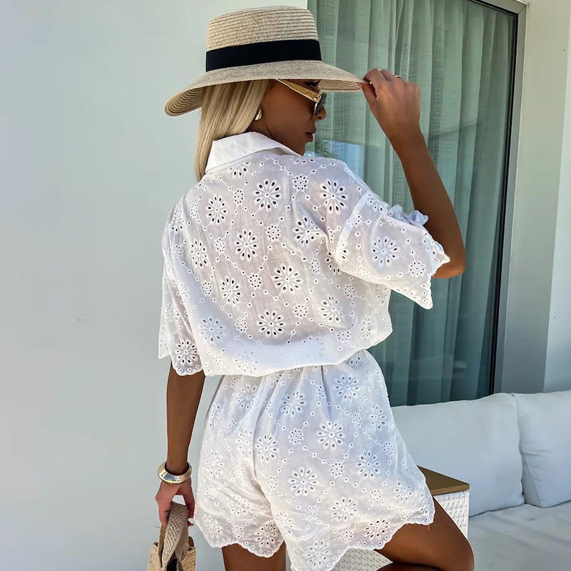 Chic Embroidered Lace Flowers Button Up Belted Shirt Romper