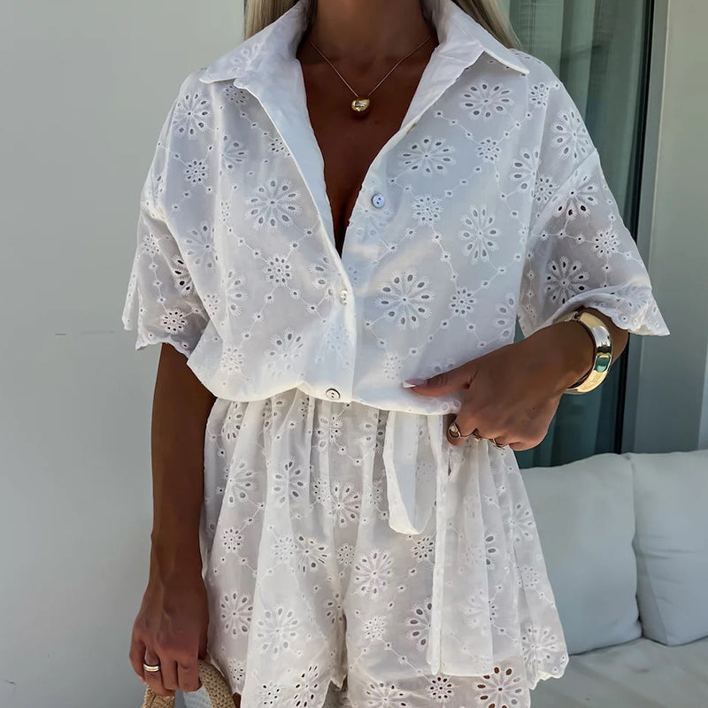 Chic Embroidered Lace Flowers Button Up Belted Shirt Romper
