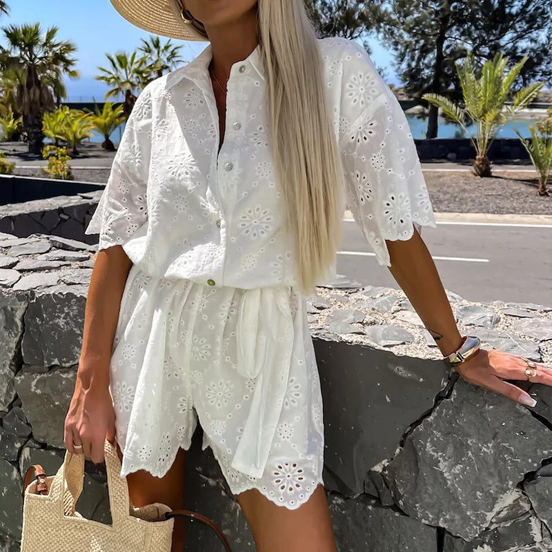 Chic Embroidered Lace Flowers Button Up Belted Shirt Romper