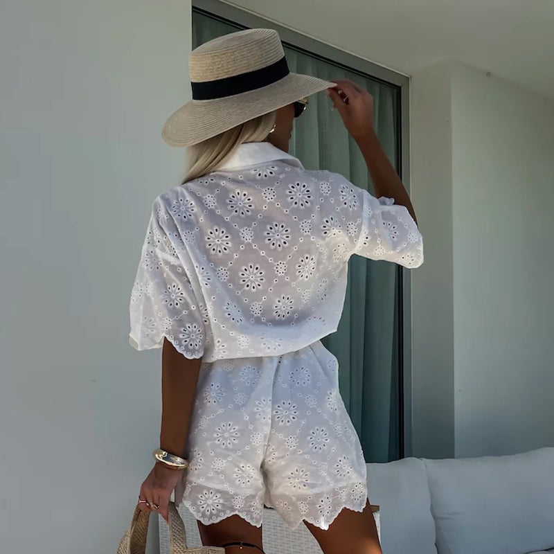 Chic Embroidered Lace Flowers Button Up Belted Shirt Romper