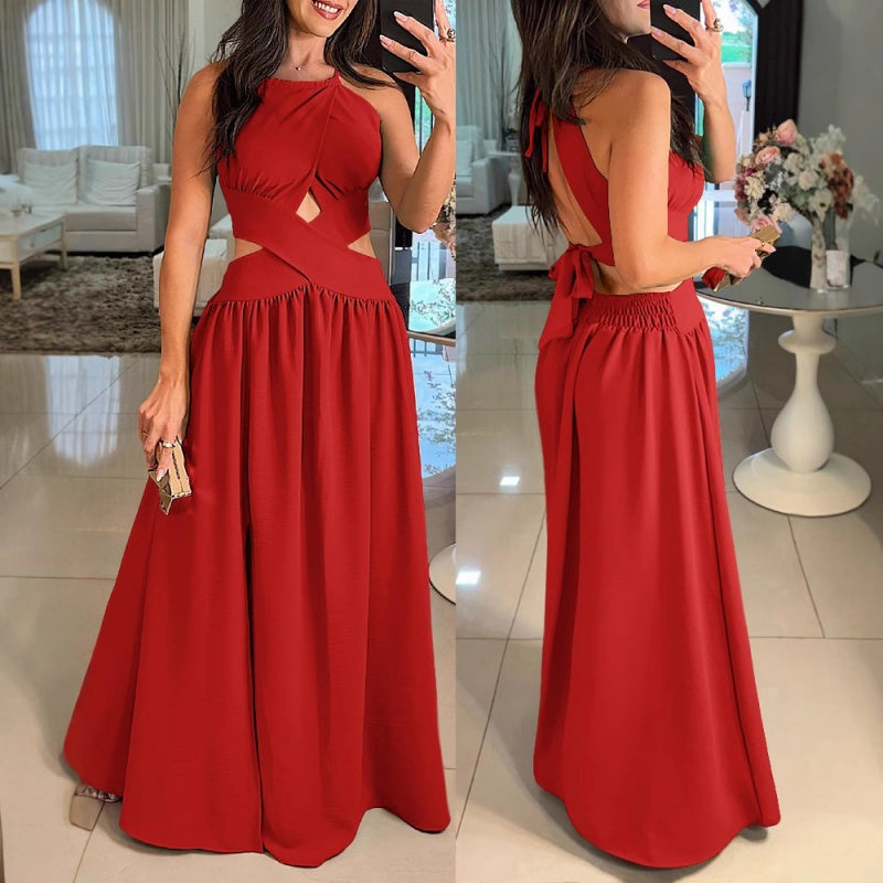Women's Sexy Waisted Cross Strap Backless Halter Long Dresses