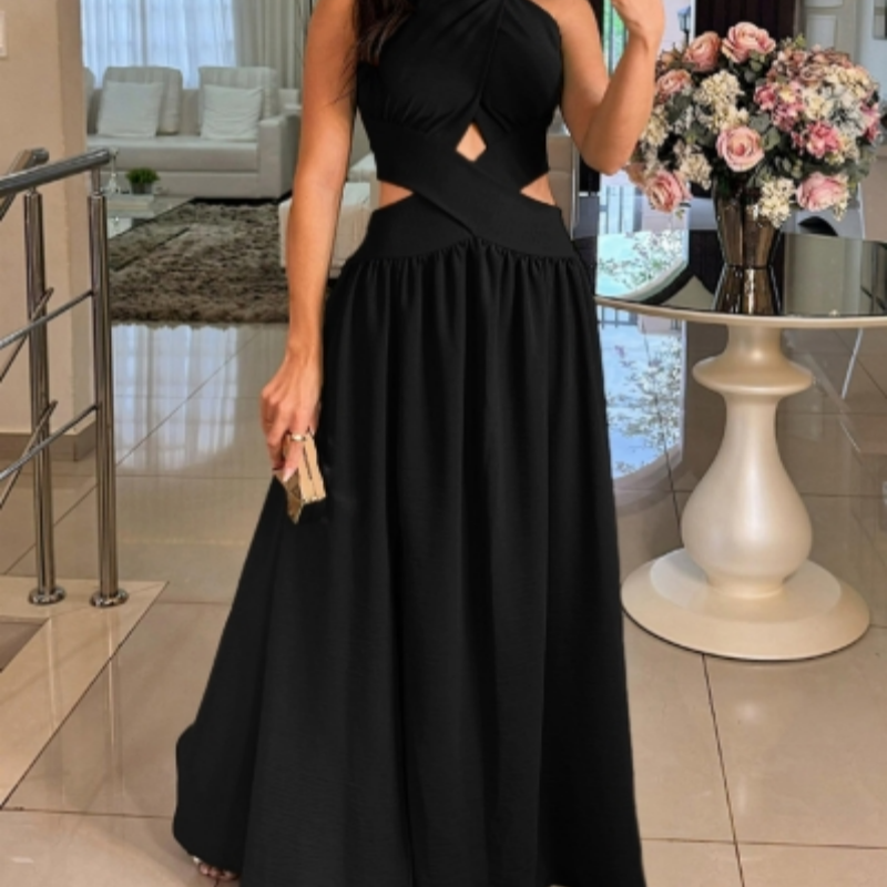 Women's Sexy Waisted Cross Strap Backless Halter Long Dresses