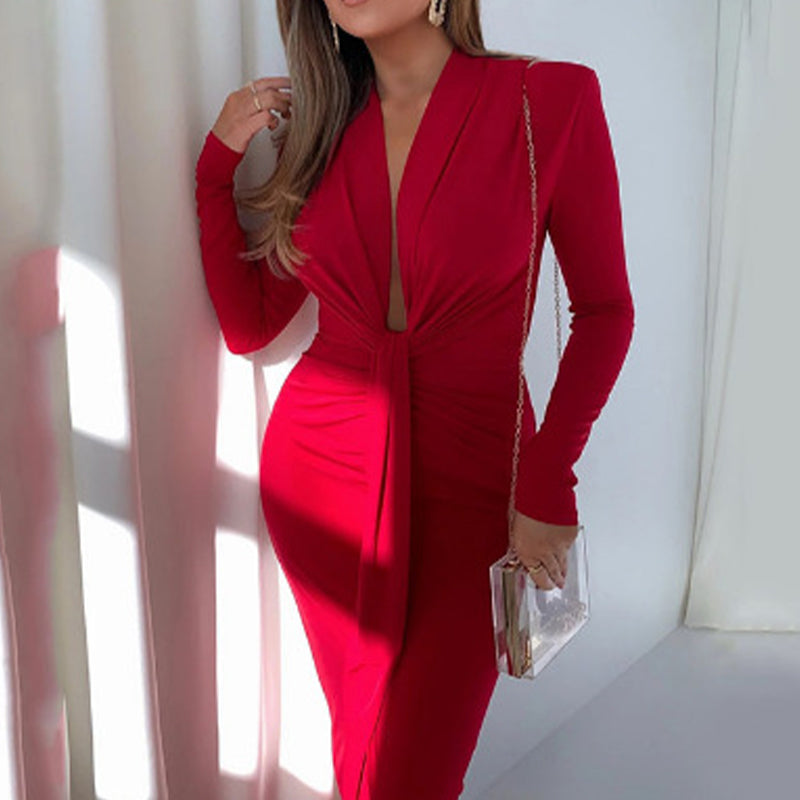 Women's Sexy Long Sleeve Waist Slimming Solid Color Dresses