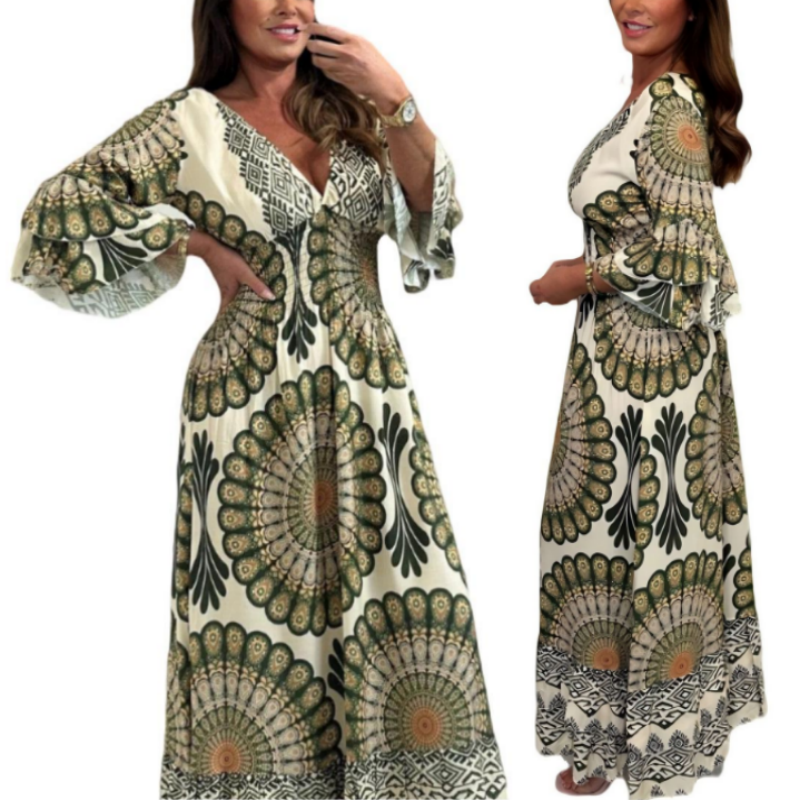 Women's Retro Boho Deep V-Neck Maxi Dress