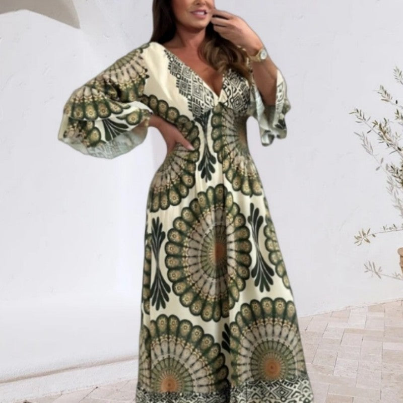 Women's Retro Boho Deep V-Neck Maxi Dress
