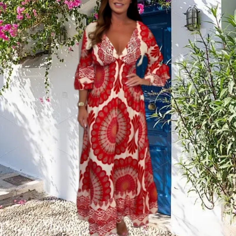 Women's Retro Boho Deep V-Neck Maxi Dress
