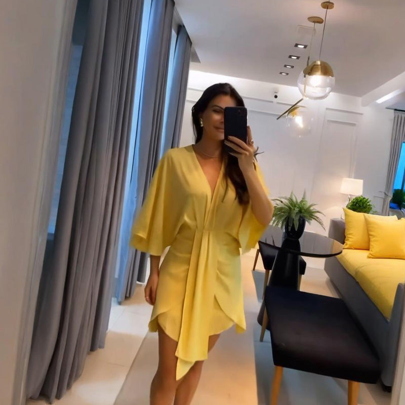 🌴Summer Specials🌴Solid Color V-Neck Backless Dress with Ruffle Waist