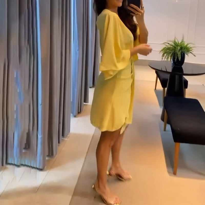 🌴Summer Specials🌴Solid Color V-Neck Backless Dress with Ruffle Waist