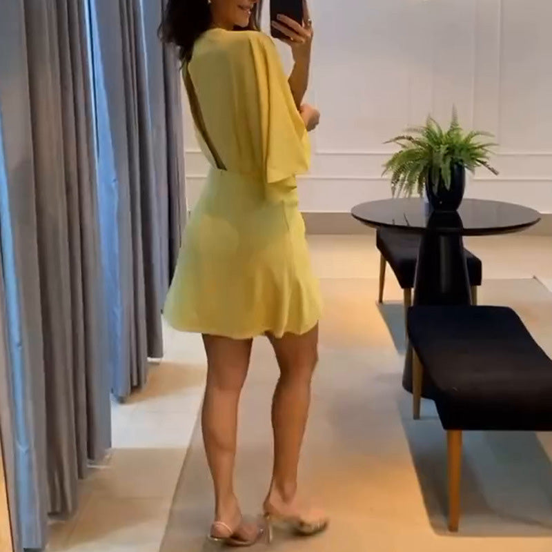 🌴Summer Specials🌴Solid Color V-Neck Backless Dress with Ruffle Waist