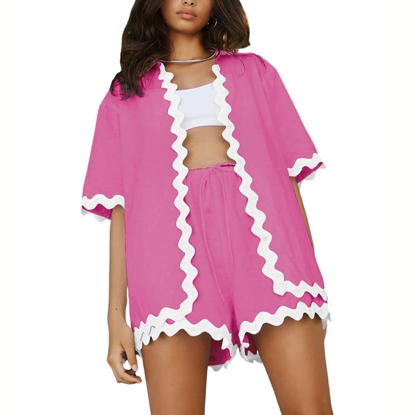 🌈2025 New-🔥White Wave Cardigan + Shorts 2-Piece Set