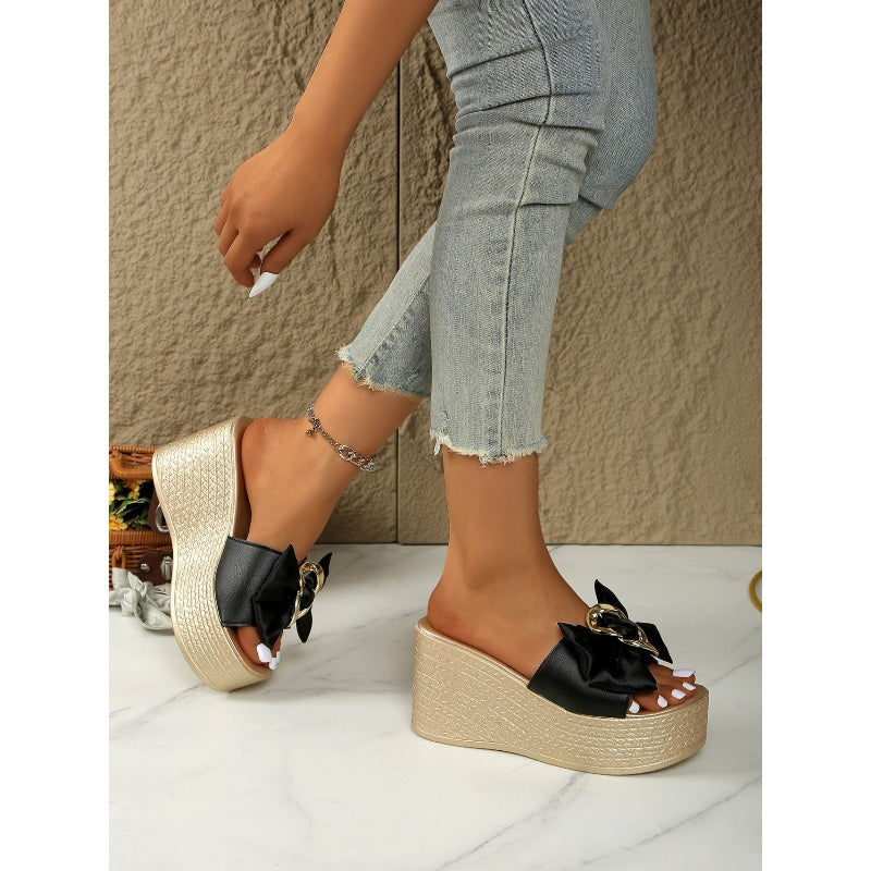 Bowknot PU Leather Wedge Slippers