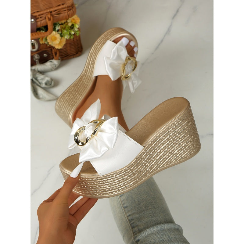 Bowknot PU Leather Wedge Slippers