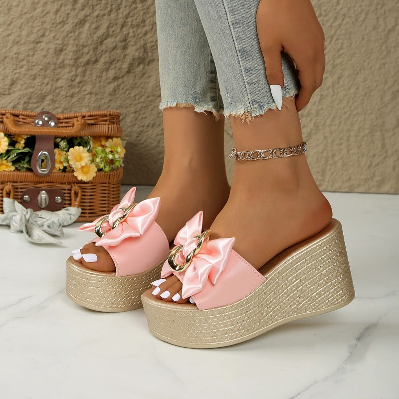 Bowknot PU Leather Wedge Slippers