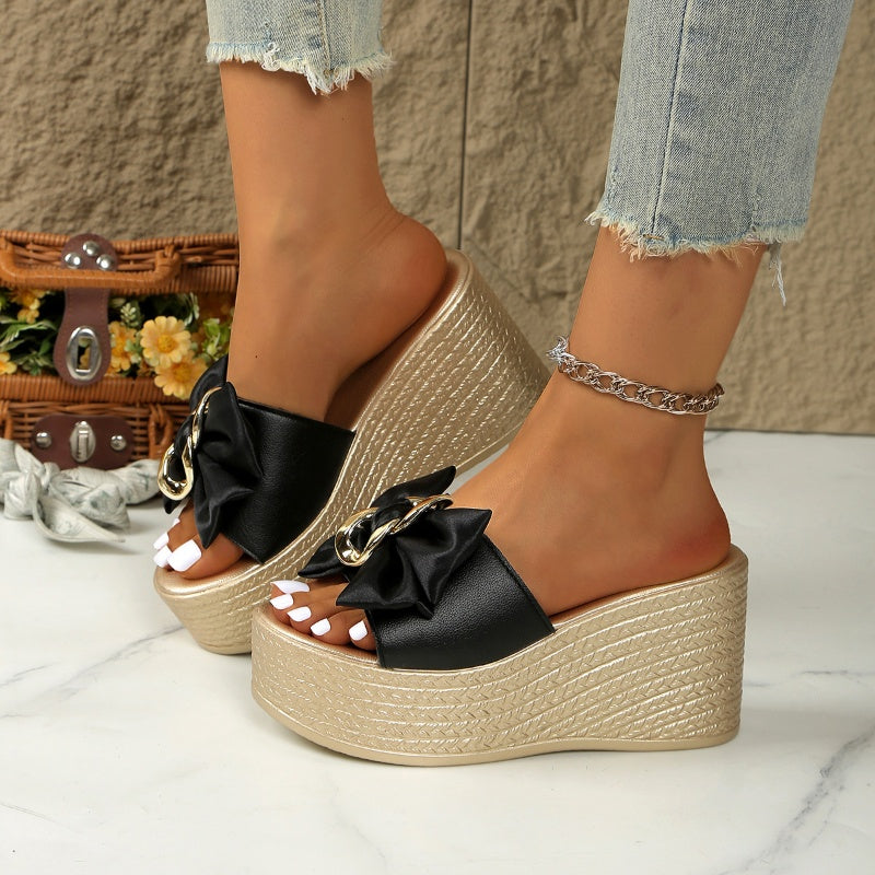 Bowknot PU Leather Wedge Slippers