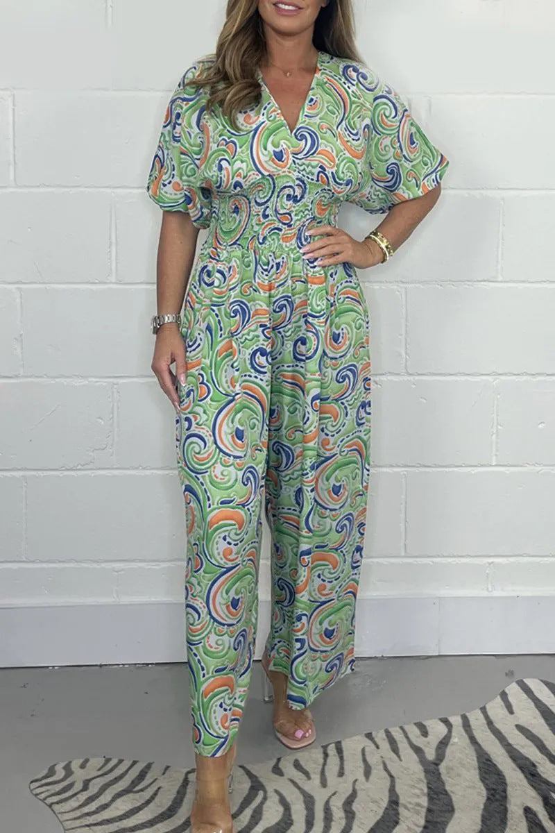 💖2025 SUMMER NEW-50% OFF💖Women's V-Neck Printed Short-Sleeve Jumpsuits