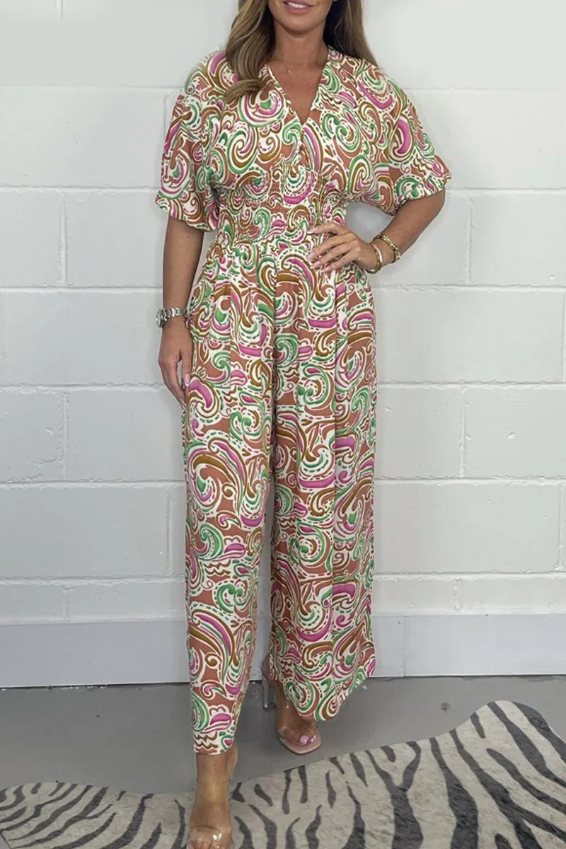 💖2025 SUMMER NEW-50% OFF💖Women's V-Neck Printed Short-Sleeve Jumpsuits