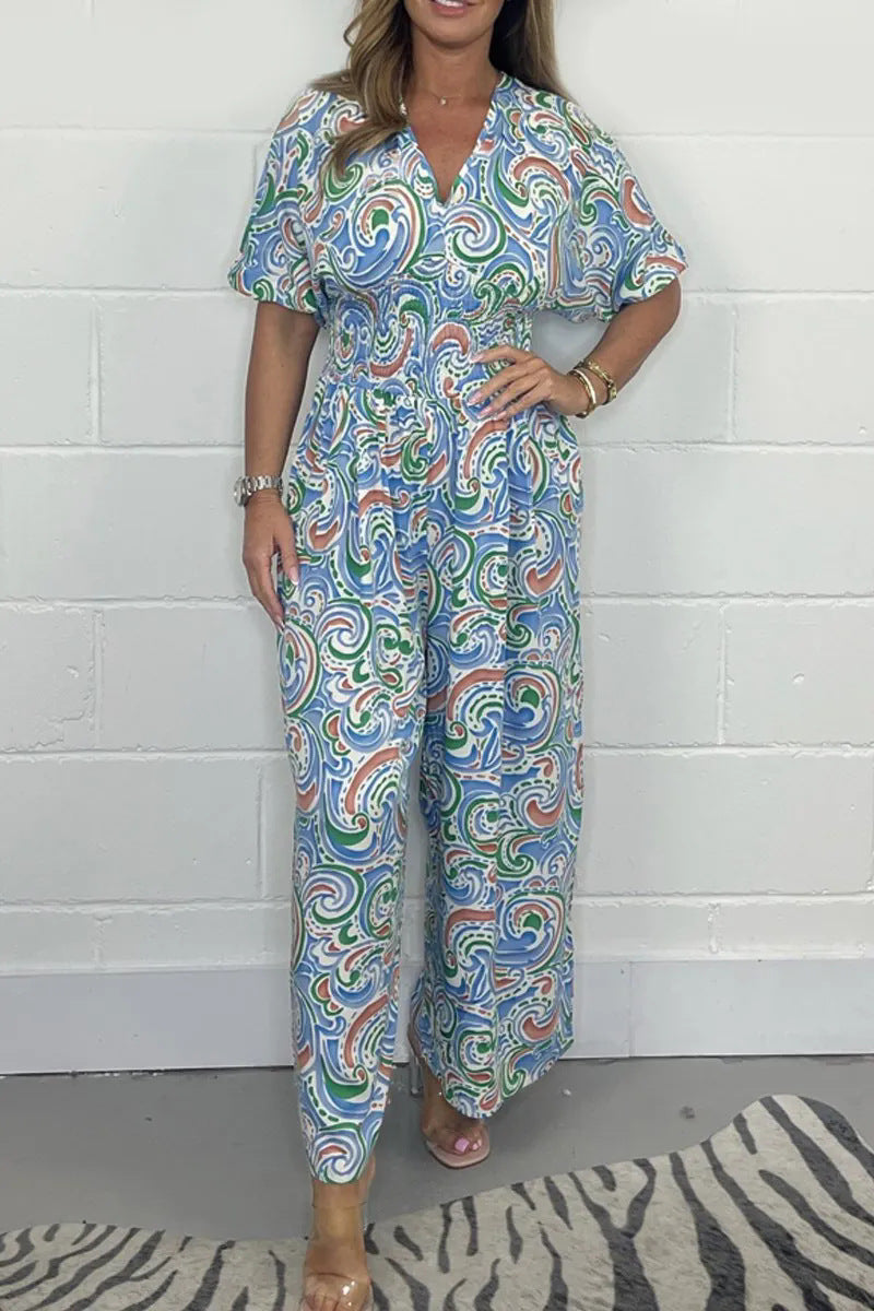 💖2025 SUMMER NEW-50% OFF💖Women's V-Neck Printed Short-Sleeve Jumpsuits