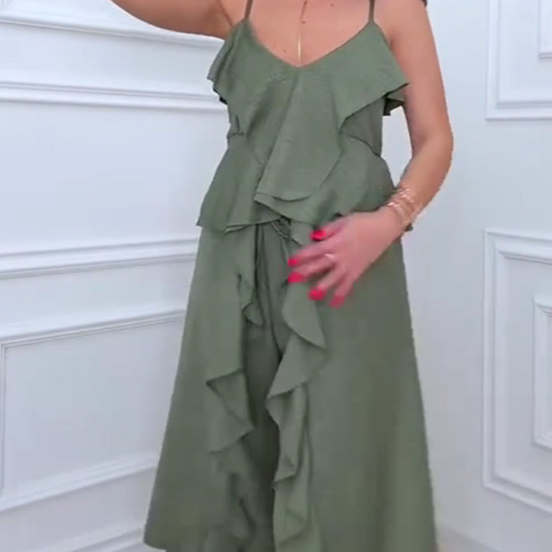 Women's Fashion Ruffle Hem Spaghetti Top Drawstring Wide Leg Pants Set