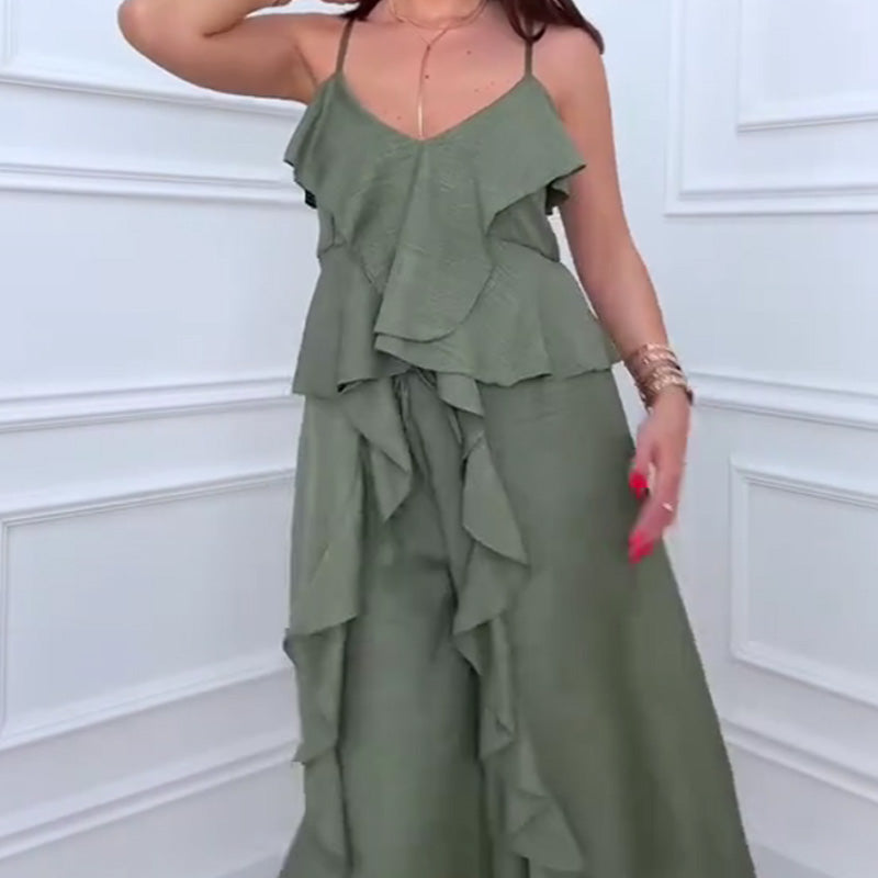 Women's Fashion Ruffle Hem Spaghetti Top Drawstring Wide Leg Pants Set