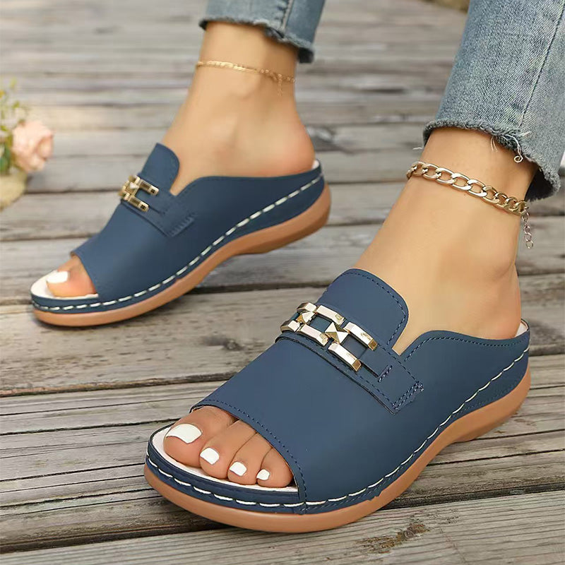 Wedge Peep Toe Sandals with Metal Decoration