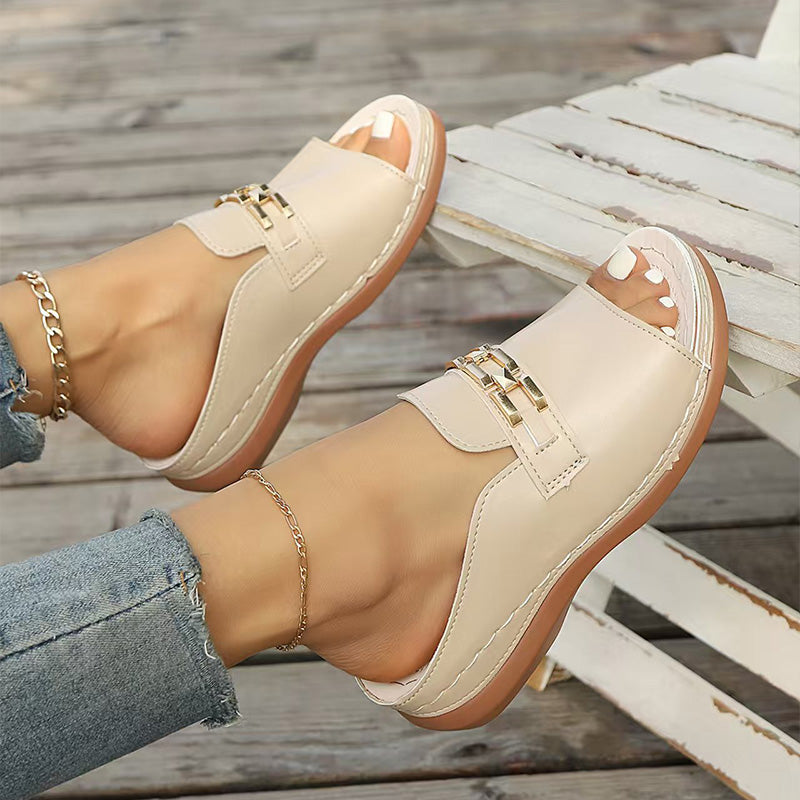 Wedge Peep Toe Sandals with Metal Decoration