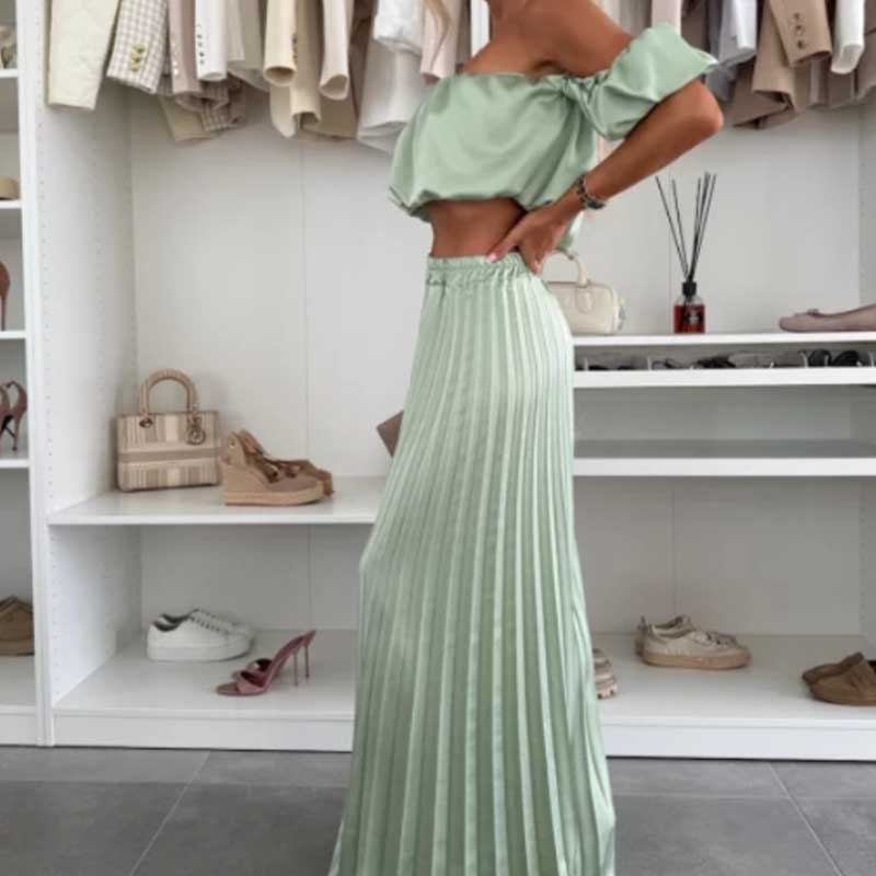 Women’s Sexy Solid Color Top Wide Leg Pants Two Pieces Set