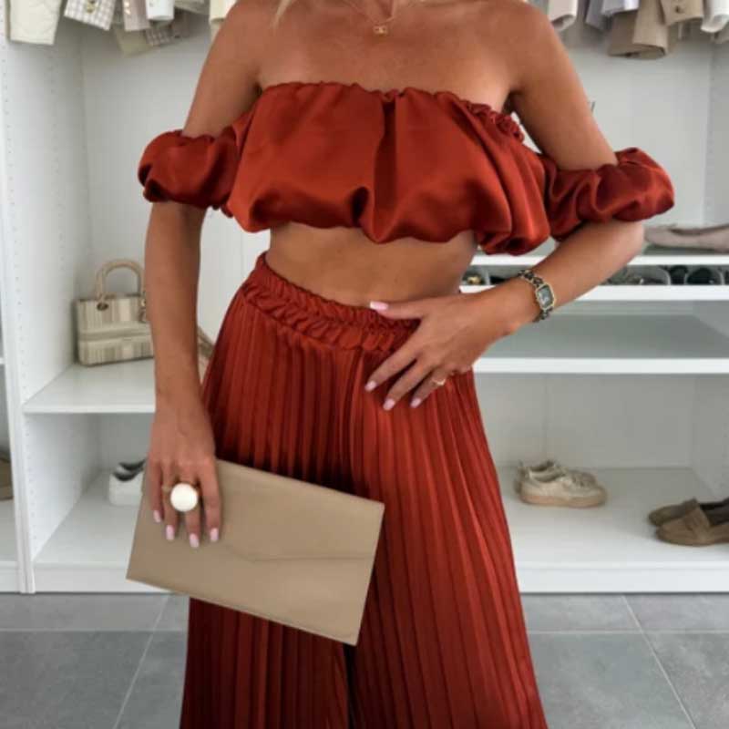 Women’s Sexy Solid Color Top Wide Leg Pants Two Pieces Set