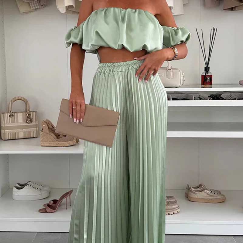 Women’s Sexy Solid Color Top Wide Leg Pants Two Pieces Set