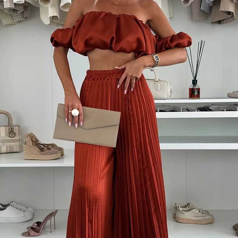 Women’s Sexy Solid Color Top Wide Leg Pants Two Pieces Set