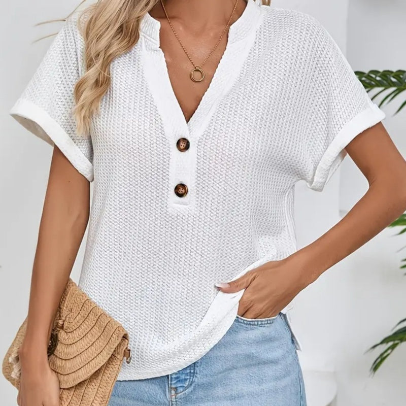 Casual Short Sleeve V-Neck Waffle Button T-Shirt