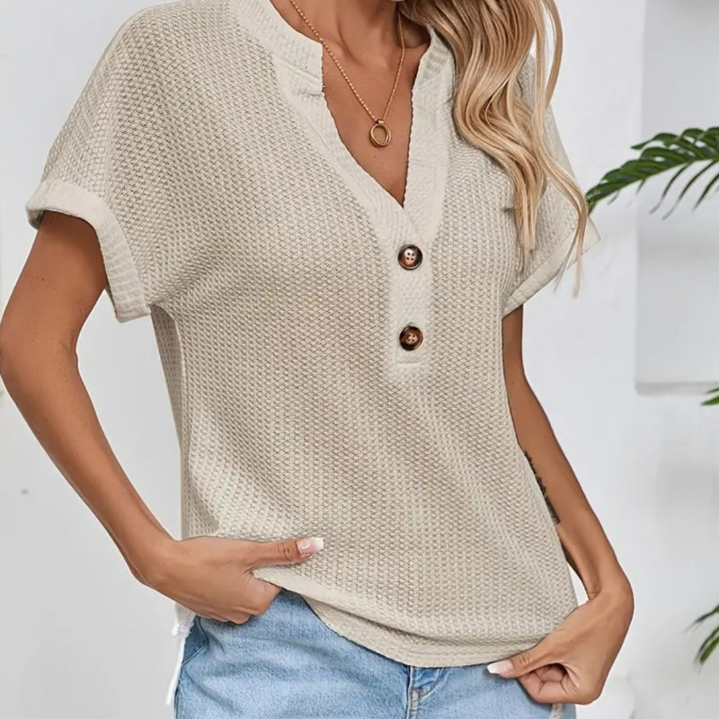 Casual Short Sleeve V-Neck Waffle Button T-Shirt