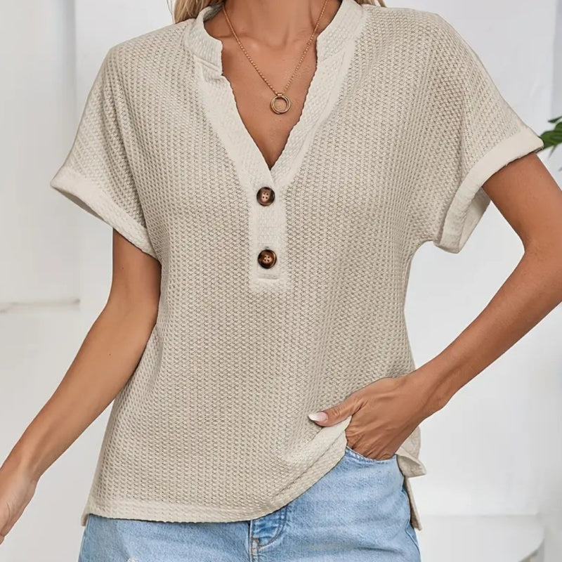 Casual Short Sleeve V-Neck Waffle Button T-Shirt