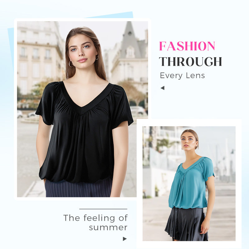 Women's Ruched V-Neck Short-Sleeve Top