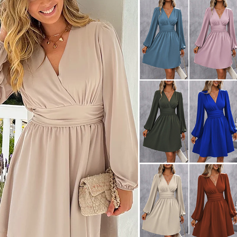 Women's Fashion Wrap V-Neck Empire Waist Lantern Sleeve Dress