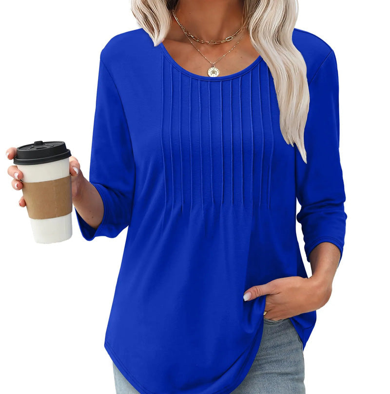 Ruffled Round Neck Loose Fit Thin T-Shirt