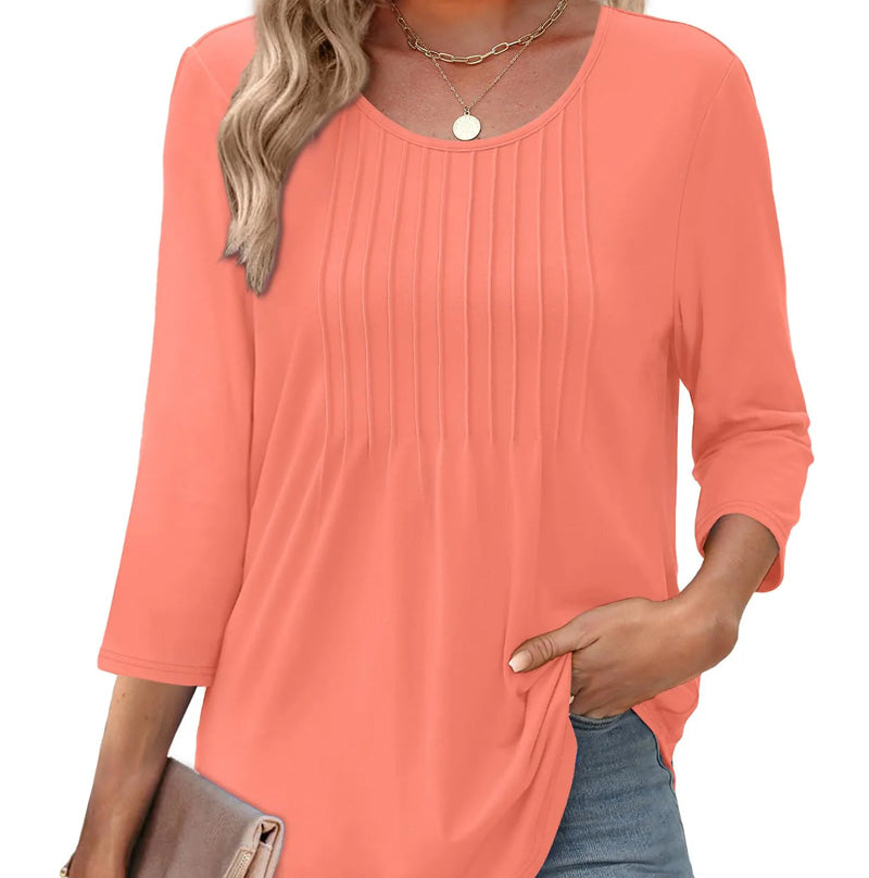 Ruffled Round Neck Loose Fit Thin T-Shirt
