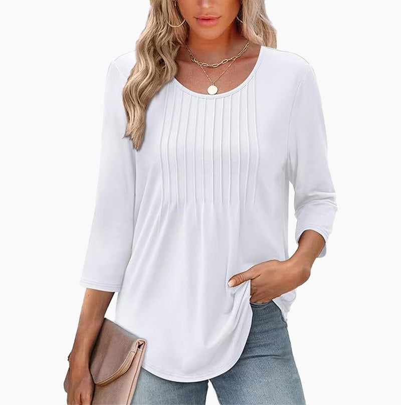 Ruffled Round Neck Loose Fit Thin T-Shirt