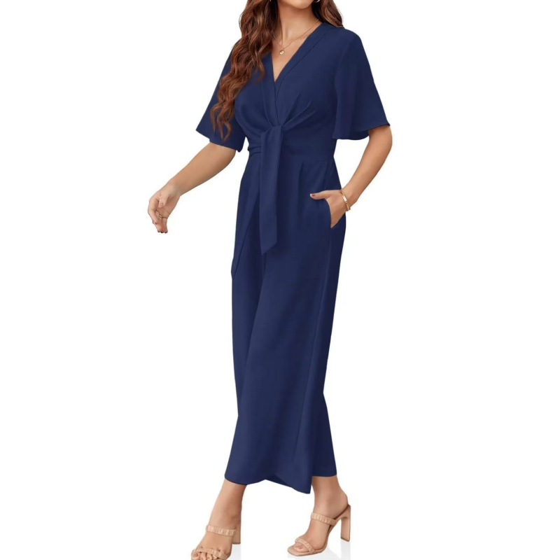 💖LAST DAY SALE 50% OFF💖✈️BUY 2 FREE SHIPPING✈️Women's Elegant V-Neck Wide Leg Waist Tie Jumpsuit