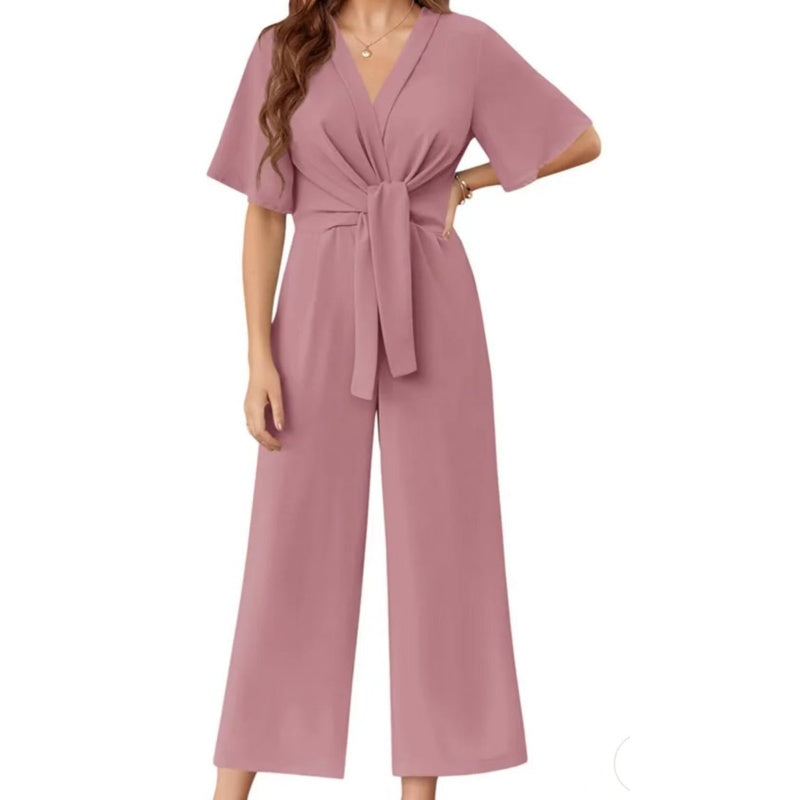 💖LAST DAY SALE 50% OFF💖✈️BUY 2 FREE SHIPPING✈️Women's Elegant V-Neck Wide Leg Waist Tie Jumpsuit