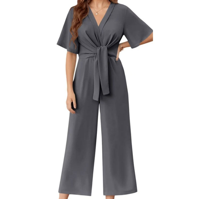 💖LAST DAY SALE 50% OFF💖✈️BUY 2 FREE SHIPPING✈️Women's Elegant V-Neck Wide Leg Waist Tie Jumpsuit